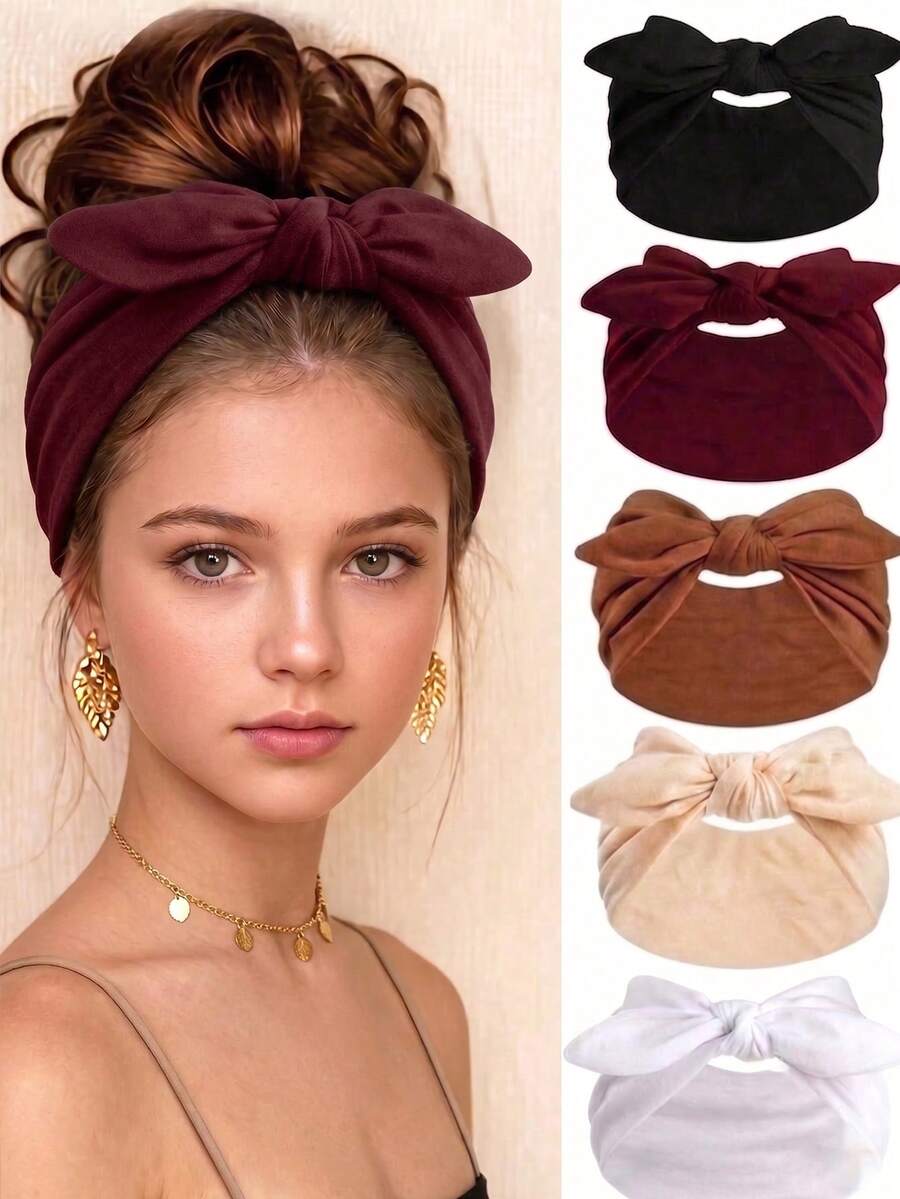 1/5件女孩蝴蝶結兔耳髮箍 波西米亞風加寬可愛兔耳打結髮箍 萬聖節頭飾 秋季女孩髮箍 彈性純色蝴蝶結髮飾 適合健身/瑜珈/運動/戶外 全季節休閒髮箍 - 彩色 - 查看 1