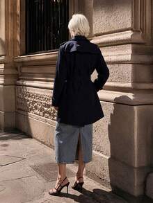 Women's Mid-Length Trench Coat With Pockets, Spring/Autumn Commuter Style - Blue - View 2
