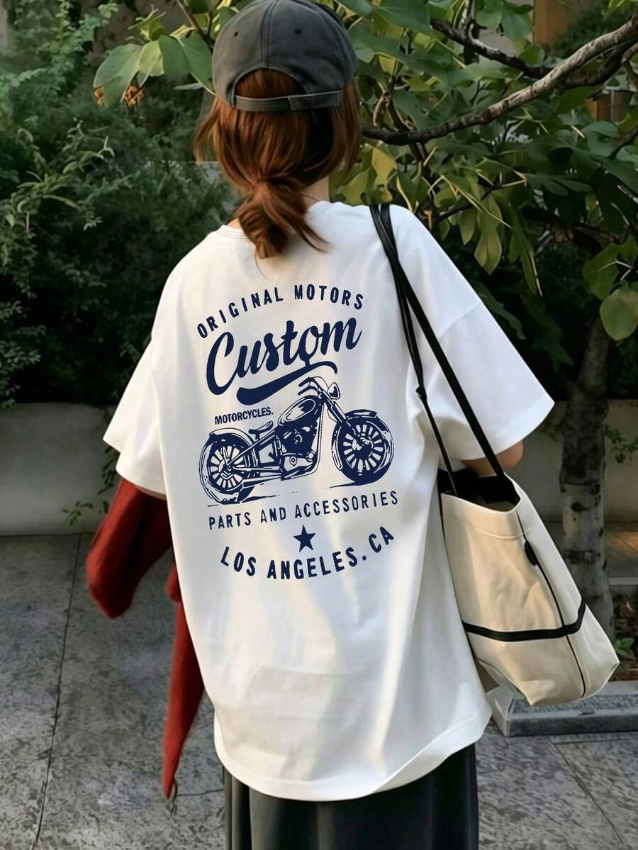 大尺碼女款T恤 - 機車圖案T恤 | 舒適新款休閒短袖上衣 | 圓領夏季穿搭 - 白色 - 白色 - 查看 1