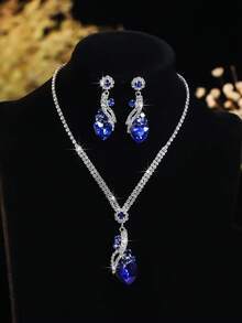 Juego de 3 piezas/Set Collar y Aretes con Corazón de Strass, Adecuado para el Uso Diario de la Mujer, Regalo de Campus, Boda Nupcial, Joyería Elegante Versátil de Alta Gama - Multicolor - Ver 6