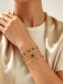 5pcs/Set Niche Luxury Bracelet Set, Emerald Green Square Rhinestone & Multi-Chain Combination Women's Jewelry, Gentle Elegant Design, Suitable For Daily Wear, Mature Style, Party And Vacation, Chain Length Cut, Number Of Links Uncertain - Multicolor - View 1