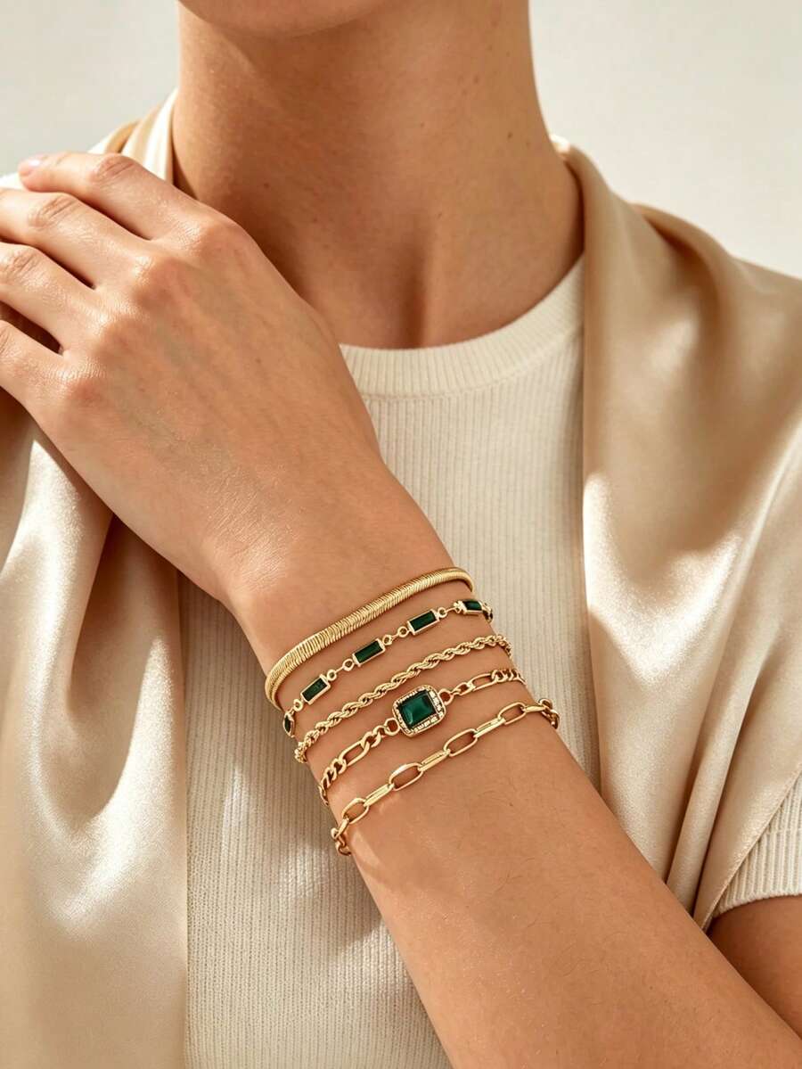 5pcs/Set Niche Luxury Bracelet Set, Emerald Green Square Rhinestone & Multi-Chain Combination Women's Jewelry, Gentle Elegant Design, Suitable For Daily Wear, Mature Style, Party And Vacation, Chain Length Cut, Number Of Links Uncertain - Multicolor - View 1
