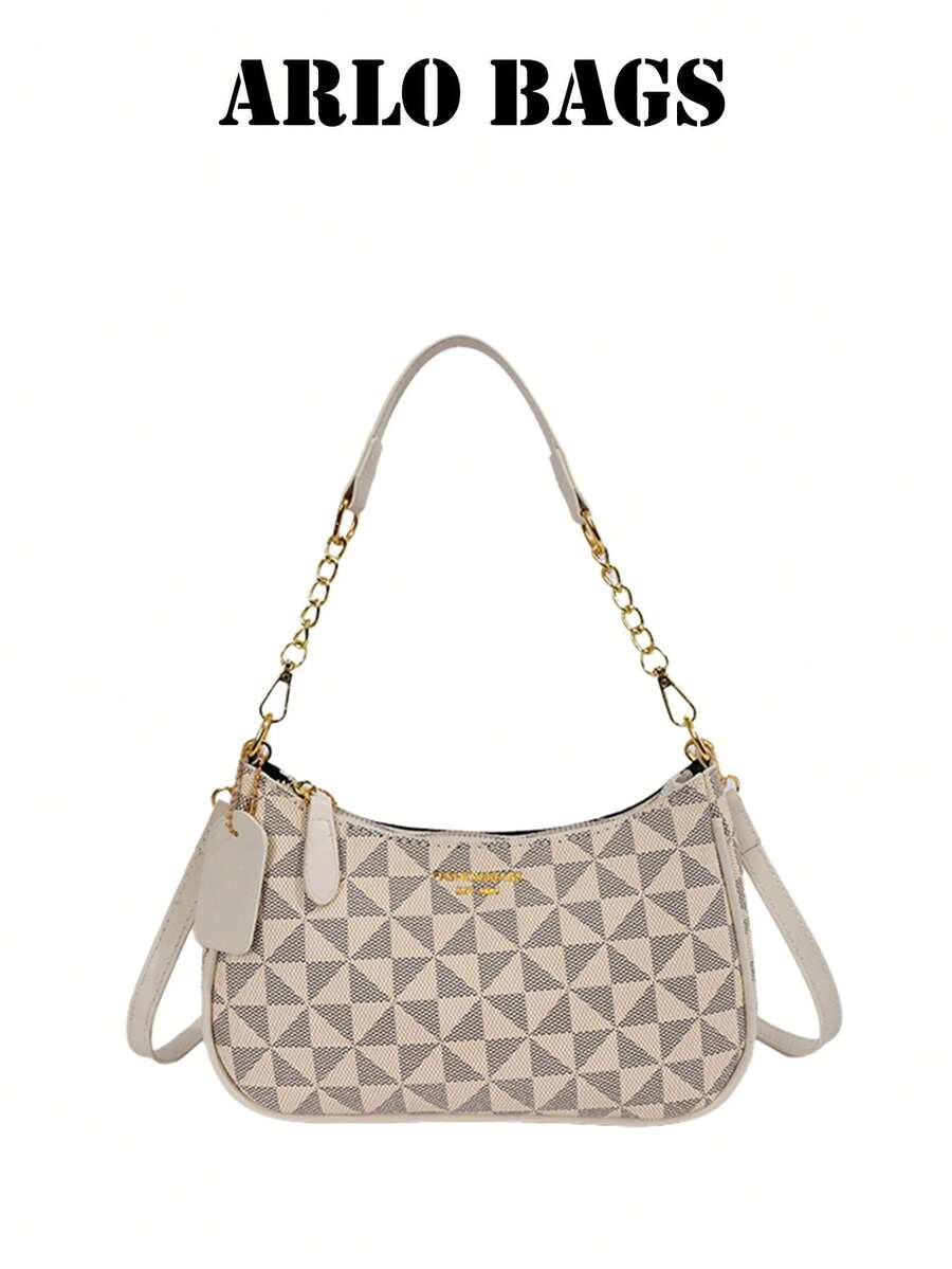 Off White Triangular Pattern Hobo Bag, Contrast Light Trim, Convertible Chain Shoulder & Cross Strap Lightweight Handbag For Shopping Office Occasion - White - View 1