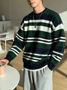 Men's Vintage Contrast Color Striped Crew Neck Pullover Knit Sweater, Loose Fit Long Sleeve Sweater, Autumn/Winter Casual Top - Green - View 3