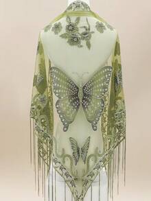 Butterfly Ruined Flower Triangular Scarf Tassel Lace Small Shawl Spring Summer Autumn Winter All-Season Versatile Small Cape Semi-Transparent Printed - Multicolor - View 6