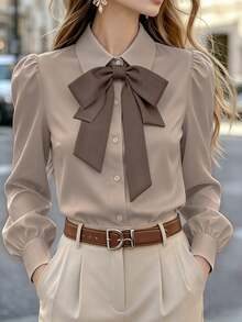 Elegant Women's Long Sleeve Polyester Tie Neck Blouse Regular Fit Non-Stretch Fabric Suitable For Work - Khaki - View 7