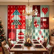 2pcs Christmas Style Fabric Patchwork Semi-Blackout Bedroom Curtains, 90GSM Polyester Semi-Sheer Privacy Protection, Christmas Style Living Room Curtains, Kitchen Curtains, Suitable For Home, Room, Kitchen Partition Or Decoration, Rod Pocket Design Easy Installation, Quick Dry, Water-Resistant, Non-Fading, Lightweight Removable Washable Curtains - Multicolor - View 7