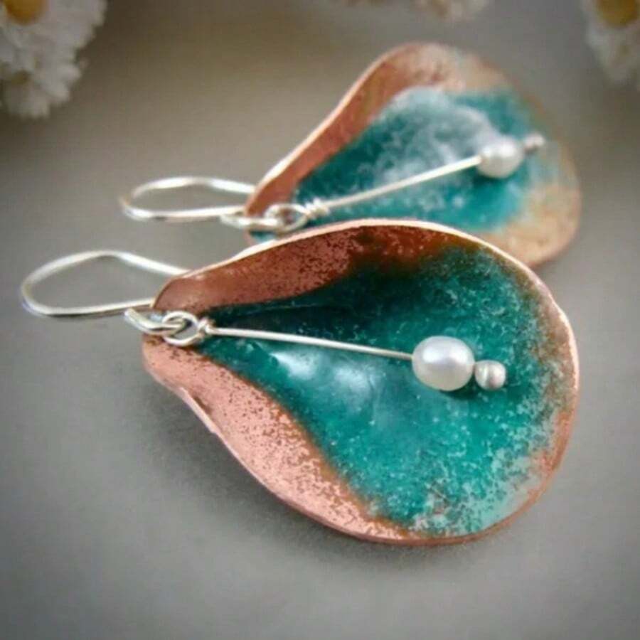 Bohemian Water Drop Dangle Earrings, Rose Gold Frame With Sky Blue Oil Drop And Floating Pearl, Lightweight And Comfortable, Suitable For Summer Outfits, Beach Vacation, Travel - Silver - View 1