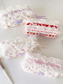 1 PC Little Bear Lace Pencil Bag Cream Colored Learning Supplies Storage Stationery Bag Student Portable Pencil Bag, Back To School, First Day Of School - Multicolor - View 7