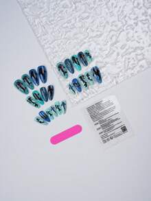 24片夏季海灘3D鯊魚美甲貼片 手作藍色海洋可重複使用度假穿戴甲 - 寶藍色 - 查看 5