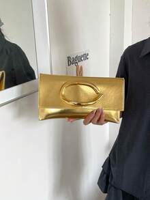 Dedoo 黑色亮面人造皮革長方形手拿包，大號橢圓金屬扣極簡奢華女款包，適合婚禮、派對、約會、宴會、日常 - 金色 - 查看 4