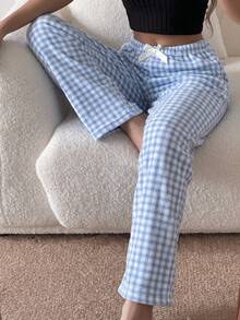 1pc Women's Dual-Color Plaid Print Soft Comfortable Flannel Thermal Lined Pajama Pants, Autumn/Winter - Blue - View 5