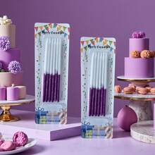 6 piezas de velas largas de cumpleaños con degradado de blanco a púrpura con purpurina, velas de decoración de pastel de lujo de doble color con base fija, elegantes adornos para postres, adecuadas para fiesta de cumpleaños, celebración de mujeres, banquete con tema púrpura, aniversario, decoración de mesa de postres de boda - Ver 2
