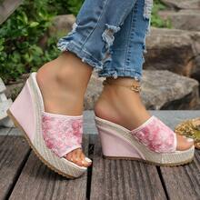 Women's Summer New Slip-On Wedge Platform Sandals, Thick Sole Mesh Floral Fabric, Lightweight Non-Slip High Heel Slouchy Slides - Pink - View 14