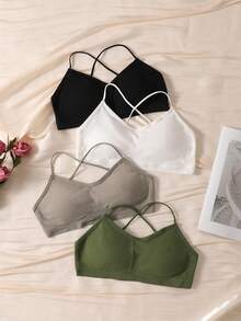 4PCS Ribbed Crisscross Back Bralette, Wireless Thin Strap Bra For Women - Multicolor - View 2