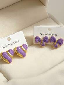 6/3 Pairs Summer Women's Gold Earrings, Fashionable Personalized Earrings. Purple Series, Including Bow, Flower, Turtle, Geometric Shapes. Stainless Steel Material, Low Hypoallergenic. Cute Accessories, Suitable For Women's Daily Wear. Suitable For Summer Travel And Vacation Wear, Best Gift For Family And Friends - Oil Dripping Kit - View 5
