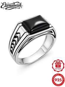 1pc 925 Sterling Silver Vintage Synthetic Black Agate Square Ring, Daily Wear Birthday Anniversary Gift Choice, Comes With Gift Box - Silver - View 2