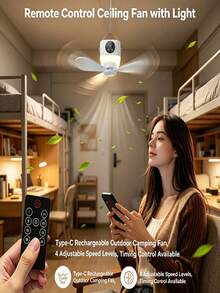 1pc Portable Remote Control Hanging Fan With Light, USB Type-C Recharge Silent Tent Ceiling Fan Adjustable Speed Timing For Camping Dorm Travel - 1 - View 7