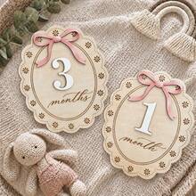 Baby Girl Monthly Milestone Marker, 8 Inch Large Wooden Disc With Pink Bow And Carved Daisy Lace Pattern, 1-12 Months Interchangeable Numbers, Double-Sided Design - Wood Color - View 8