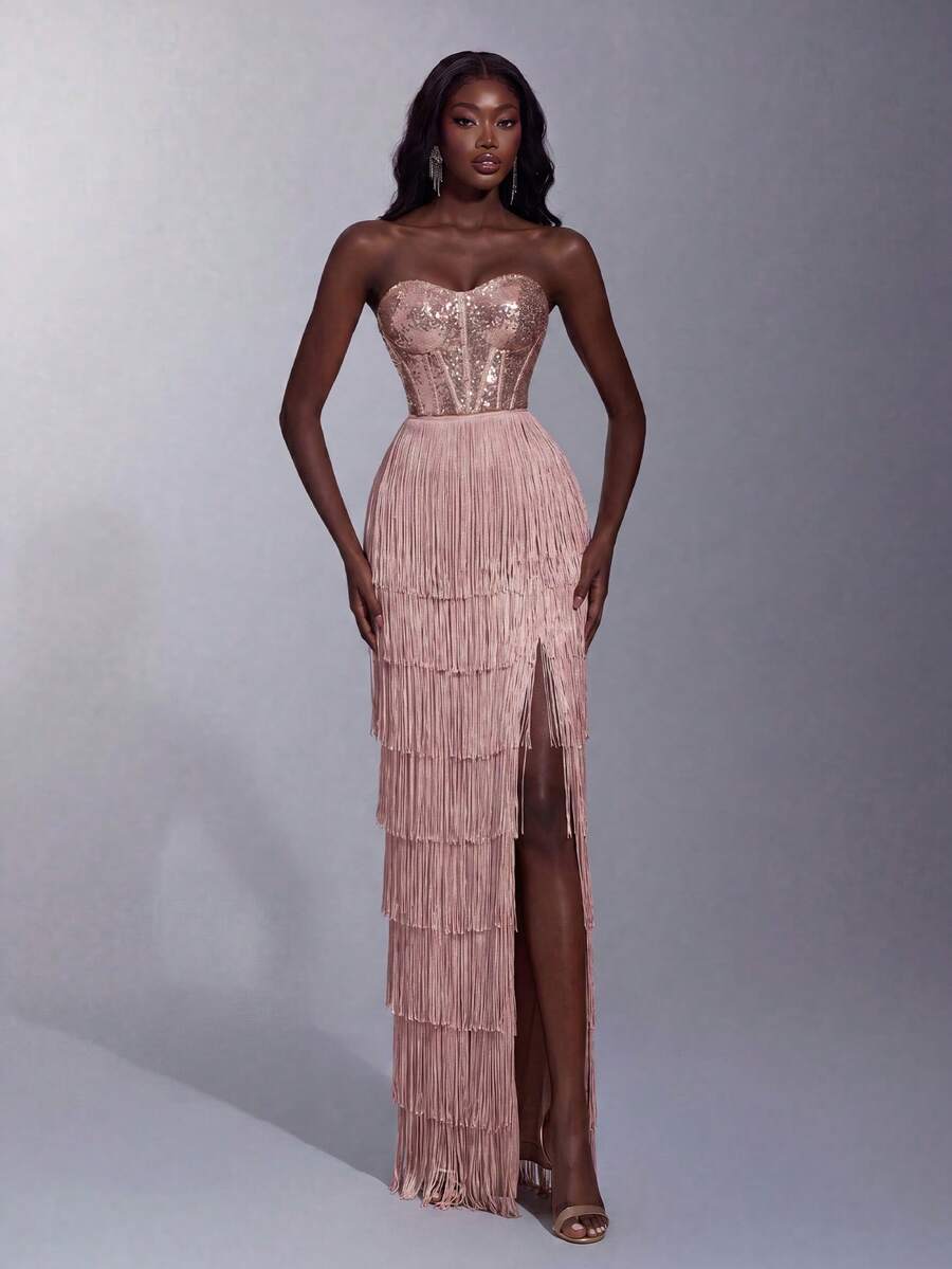 Elegant Heart-Neckline Tassel Evening Dress, Sequin Embellished Bodice, High Thigh Slit, Suitable For Photography, Formal Dinner, Ball - Champagne - View 1
