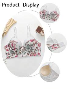 Women's Underwire Push-Up Bra, Pastoral Floral Print, Contrast Color Waistband, Comfortable Thick Padded Molded Cups - White - View 9