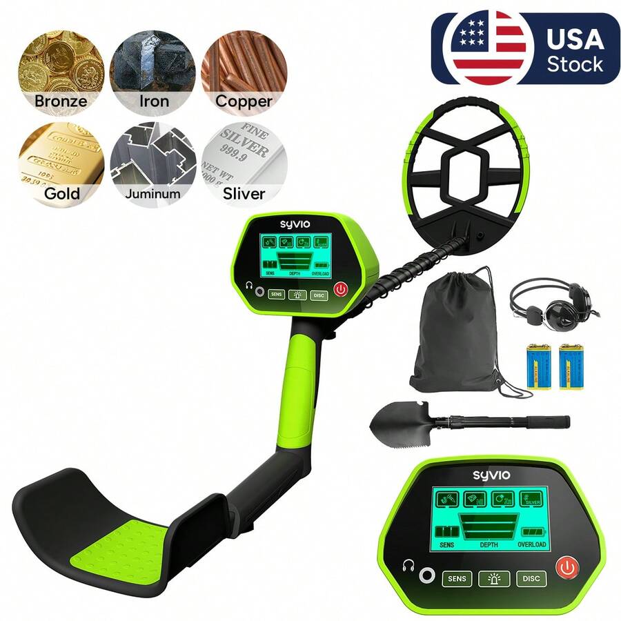 syvio Outdoor Metal Detector For Lawn, Garden, Yard, High-Sensitivity Handheld Detector With 8'' Search Coil, LCD Display, 4 Modes, Ideal For Gold/Coins/Relics, Detects Coins Up To 5" Deep, Large Objects Up To 3', Ideal For Parent-Child Outdoor Adventure - 綠色 - 查看 1