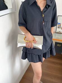 Dedoo 黑色亮面人造皮革長方形手拿包，大號橢圓金屬扣極簡奢華女款包，適合婚禮派對約會宴會日常 - 銀色 - 查看 5