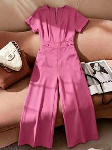 Women's New Solid Color Cutout Pocket Wide Leg Jumpsuit, Suitable For Daily, Office, Vacation In Spring & Summer - Recommend Sizing Up One Size For Slim Fit - Hot Pink - View 4