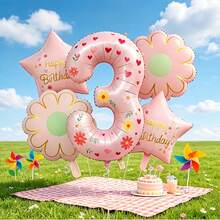 40 Inch Pastel Printed Number Foil Balloon Set, Floral & Heart Pattern Digital Mylar Balloons With Daisy Flower & Happy Birthday Star Balloons, Neutral Milestone Birthday Party Decorations, Photo Booth Supplies - Flower Balloon - View 4