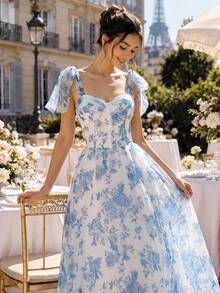 Women's Blue Floral Print Bow Tie Shoulder Mid-Length Dress, Sweetheart Neckline, Cinched Waist, Flared Skirt, Summer Autumn Garden Party, Wedding Guest, Holiday Vacation - Blue - View 4