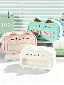 1pc Large Capacity Cat Pen Bag Pencil Case, Adorable Mint Kitten Design With Raised 3D Ear, Clear Visible Front Can Display Pins, Badges And Small Cute Ornaments Freely, School Stationery Pouch For Students, Back To School - Multi Colors - View 10