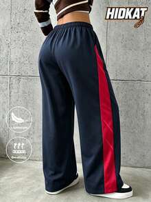 Hidkat Women's Spring/Autumn Long Pants, Drawstring Waist, Loose Fit, Embroidered Contrast Color, American Vintage Streetwear - Navy Blue - View 3