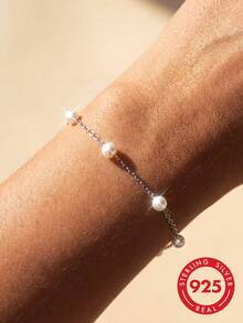 1 Stück S925 Sterling Silber französischer Stil Perlenarmband, elegantes Design mit ästhetischem Flair, vielseitiges Handgelenkaccessoire für Lässig, Einkaufen, Party, Reisen, geeignet als Geschenk für beste Freunde, exquisites zeitloses Nischenprodukt für den täglichen Gebrauch, Urlaubsgeschenk - Perle - Übersicht 5