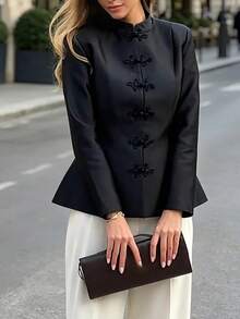 Elegant New Chinese Style Stand Collar Frog Button Long Sleeve Cinched Waist Satin Jacket (With Shoulder Pads) Solid Color For Daily Wear And Dating - Black - View 7
