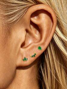3PCS Women's Fashion Stainless Steel Green Waterdrop Moon Shaped Zirconia Small Stud Earrings Set Outdoor Travel Carnival Party Dressing Gifts - 2-gold-3PCS - View 3