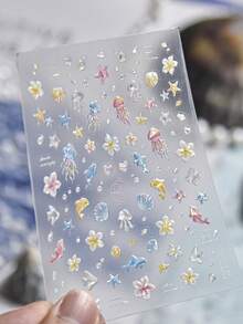 1片海洋生物水母海豚貝殼海星扶桑花夏季海洋風 5D 浮雕美甲貼紙指甲貼花 - 彩色 - 查看 7