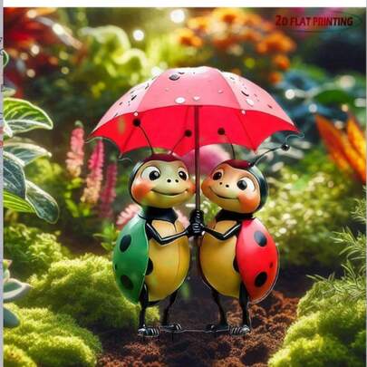 Fairy Tale Umbrella Ladybug 2D Garden Stake | Wedding Lawn Decor - Outdoor Wedding Ornament, Bridal Party Potted Plant Sculpture, Red & Black Cartoon All-Weather, No Electricity Required Yard Art, British & European Garden Wedding Season Limited