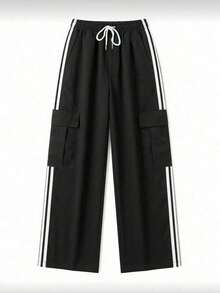 Calça Longa Esportiva Casual de Outono com Múltiplos Bolsos para Homens, Calça de Fitness Minimalista e Fashionável para Uso Externo, Preta - Preto - Visão 3