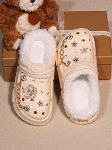 HOEASE Girls' Winter Plush Lined Garden Clogs, EVA Soft Sole Comfortable Indoor Slippers, Slip-On Design, Ideal Gift For Halloween And Christmas - Beige - View 2