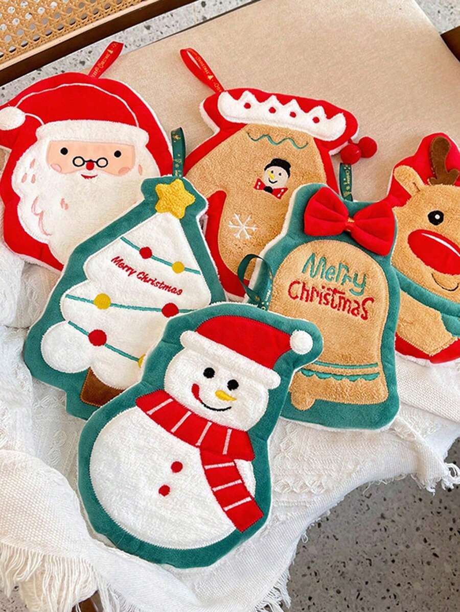1pc Hanging Cute Cartoon Christmas Pattern Hand Towel, Strong Absorbent Quick Dry, Coral Fleece Microfiber Material, Suitable For Bathroom, Kitchen, Living Room Decor