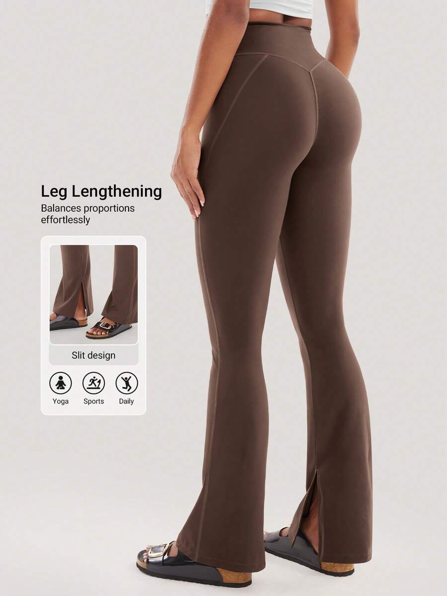 YEOREO Flare Split Hem Leggings For Women Tummy Control Workout Leggings Nasreen Hidden Scrunch Bootcut Gym Yoga Pant - 咖啡 - 查看 1