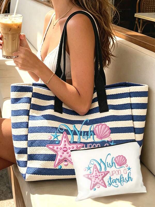 Large Capacity Blue And White Striped Beach Tote Bag, - Summer Starfish And Shell Theme Faux Embroidery Pattern Print (2D) Foldable Canvas Shoulder Bag, Multi-Functional Beach Bag, Summer Essential, Perfect For Beach Trips, Swimming, Shopping And Daily Use, Suitable For Women, Travelers And Beach Lovers, Great Summer Vacation Souvenir, Teacher's Day Gift, Back To School Gift, Birthday Gift