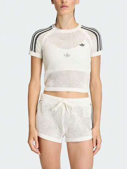 Adidas Originals Cali Tee Crocheted Slim-Fit Short Sleeve T-Shirt Women's Off-White