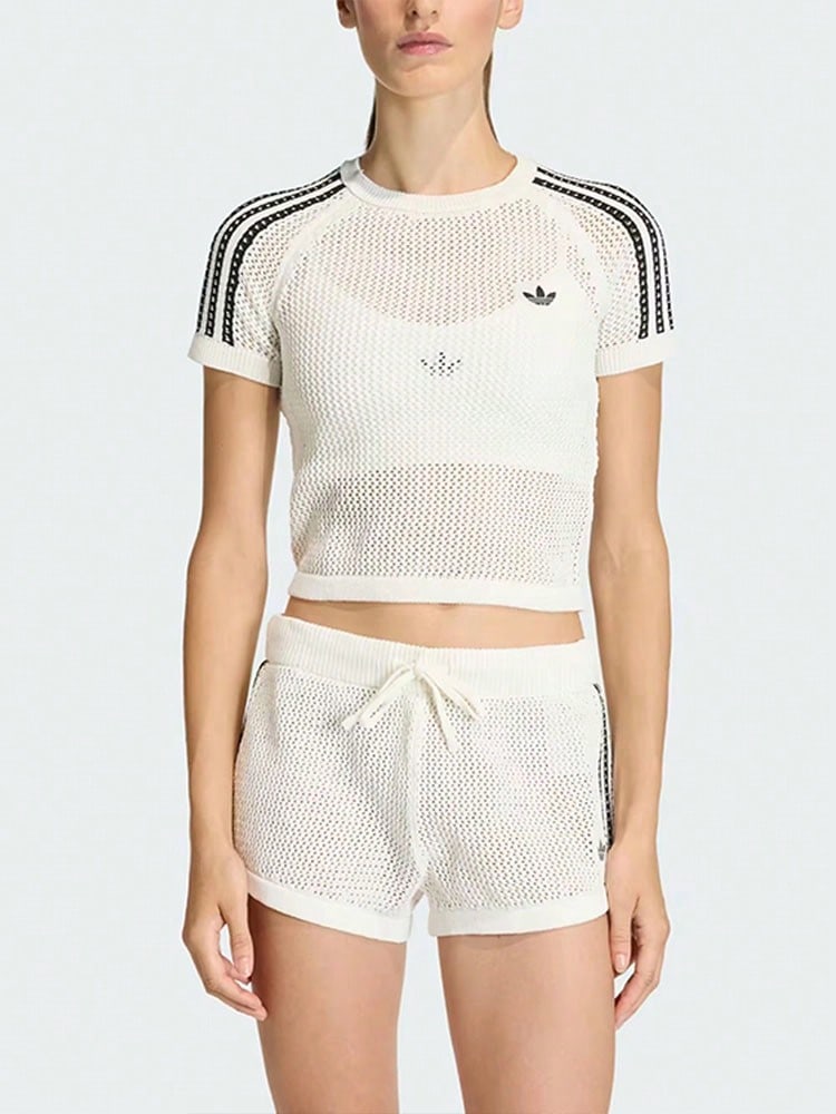 Adidas Originals Cali Tee Crocheted Slim-Fit Short Sleeve T-Shirt Women's Off-White - Off White - View 1
