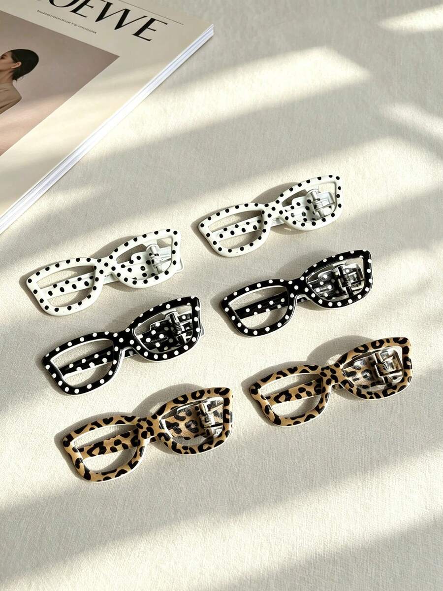 6 buah Jepit Rambut Bingkai Mata Motif Polkadot & Leopard, Warna Minimalis Serbaguna, Jepitan Kokoh Cocok Untuk Menata Poni, Aksesori Rambut untuk Kembali ke Sekolah, Jepit Rambut Serbaguna untuk Sehari-hari - MultiWarna - View 1