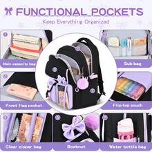 3pcs Colorblock Bow Decor With Plush Ball Pendant Large Capacity Backpack Set, Campus Style - Sets - View 4