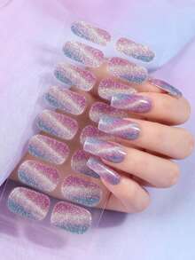 1pc Gradient Cat Eye Glitter Nail Stickers, Waterproof Self-Adhesive Y2K Luxury Versatile Wear-Resistant Full Nail Decals - 彩色 - 查看 4