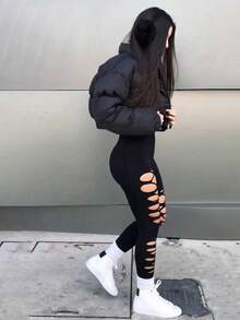 Distressed Long Pants, Tight Yoga Pants, Waist Shaping And Hip Lifting - Black - View 4