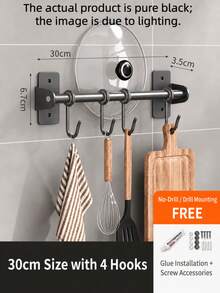 Drill-Free/Drillable Kitchen Hanging Hook Rack, Wall-Mounted Cookware Hanging Rack, Suitable For Pots, Spatulas And More, Space-Saving Kitchen Storage Organizer, Won't Damage Walls, Easy Installation, Saves Kitchen Space - Black - View 14