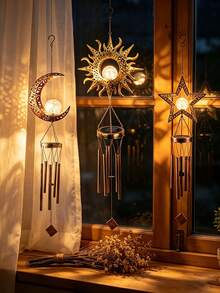 1pc Star Sun Moon Shaped Solar Wind Chime Light, Weatherproof Outdoor Decor With Automatic Dusk To Dawn Sensor, Suitable For Garden, Porch And Patio, LED Lighting Wind Chime Atmosphere Light - Solar-powered Lamp - View 6